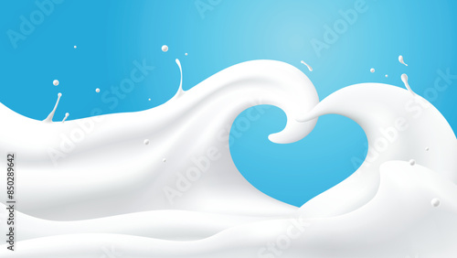 Abstract milk waves with heart shape on blue background, vector illustration and design.