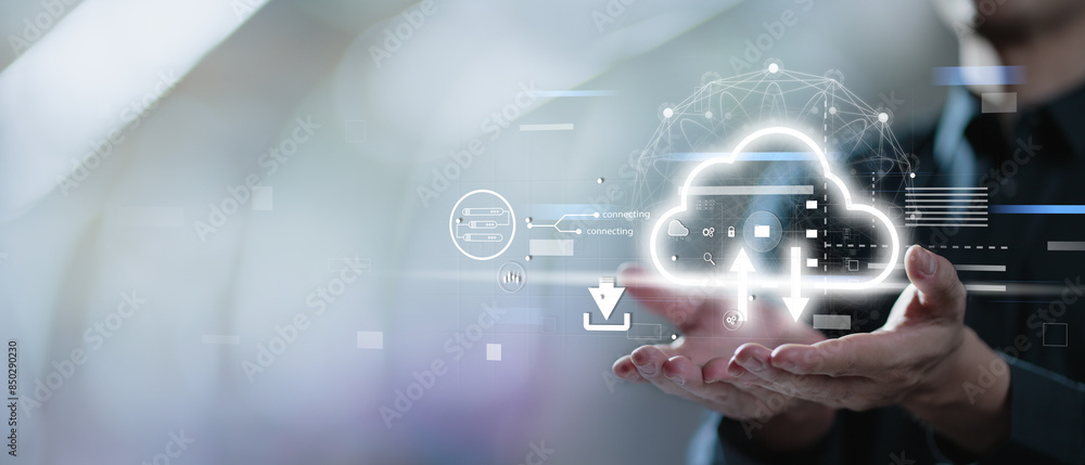 businessman holds cloud computing and Backup Icon and Global Network with Analyzing Technological Data, Data Security, Network Connection on Interface Background, Data Recovery, System Protection. businessman holds cloud computing and Backup Icon and Global Network with Analyzing Technological Data, Data Security, Network Connection on Interface Background, Data Recovery, System Protection.