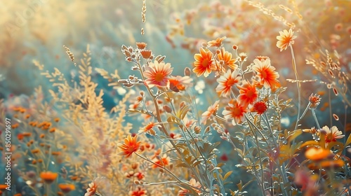 meadow flowers in early sunny fresh morning Vintage autumn landscape background colorful beautiful fall flowers magical : Generative AI