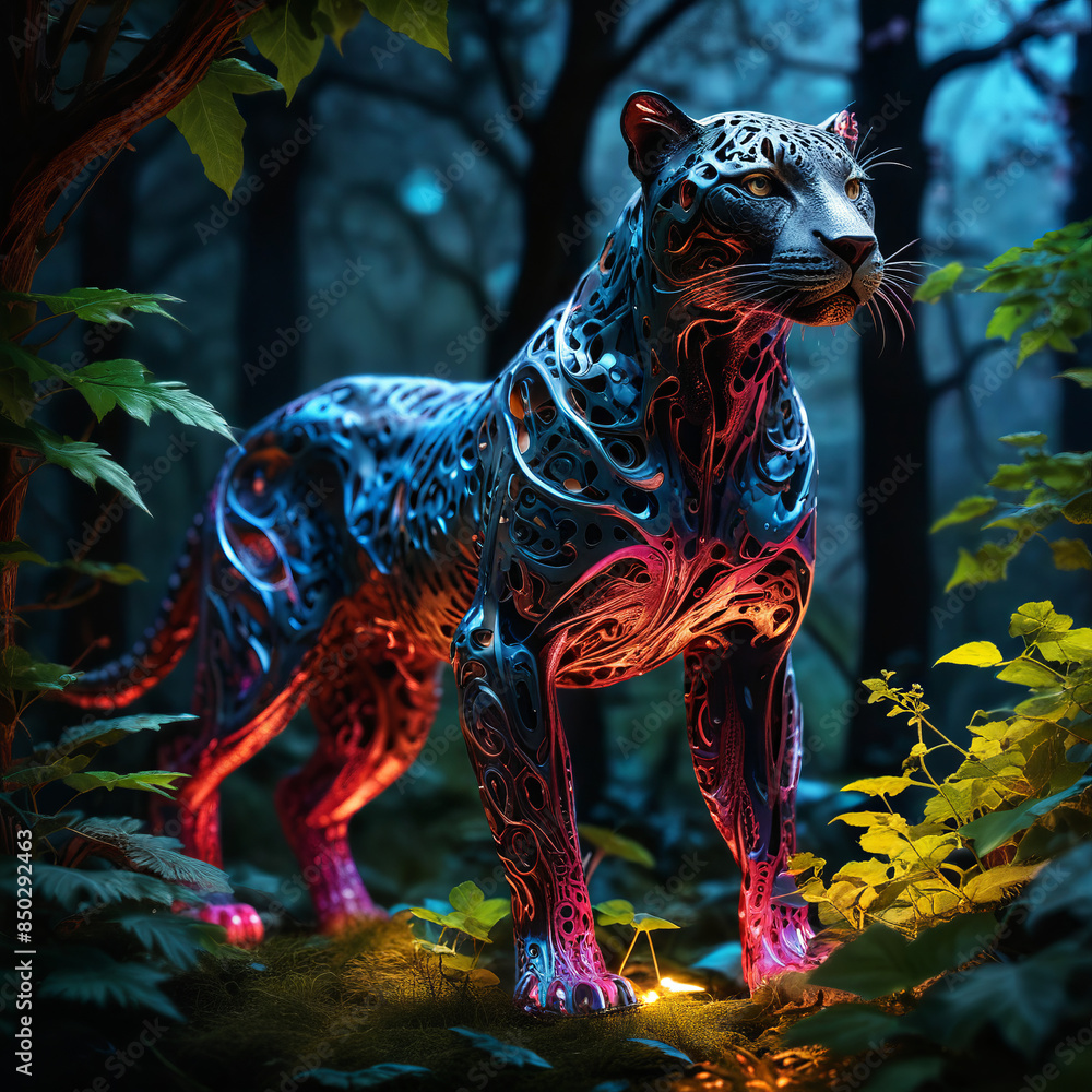 Naklejka premium Advanced Cybernetic Jaguar in Glowing Jungle: High-Resolution Digital Art of a Futuristic Robotic Animal with Bioluminescent Features and Surreal Forest Scene for Sci-Fi Themes
