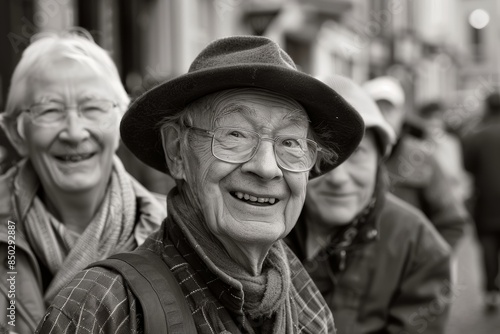 Old man in hat and glasses on the street. Black and white. © Inigo
