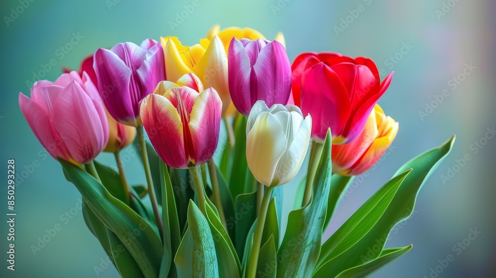 Spring tulip bouquet with a rainbow of colors, fresh green leaves, elegant arrangement, bright and lively scene Spring tulip bouquet with a rainbow of colors, fresh green leaves, elegant arrangement, bright and lively scene