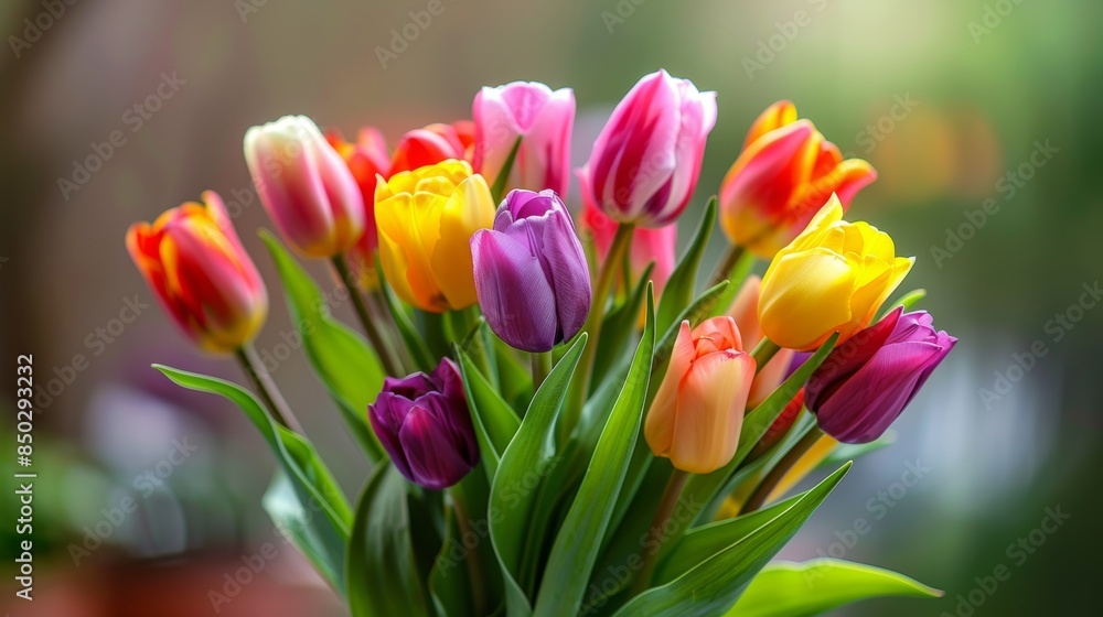 Spring tulip bouquet with a rainbow of colors, fresh green leaves, elegant arrangement, bright and lively scene Spring tulip bouquet with a rainbow of colors, fresh green leaves, elegant arrangement, bright and lively scene