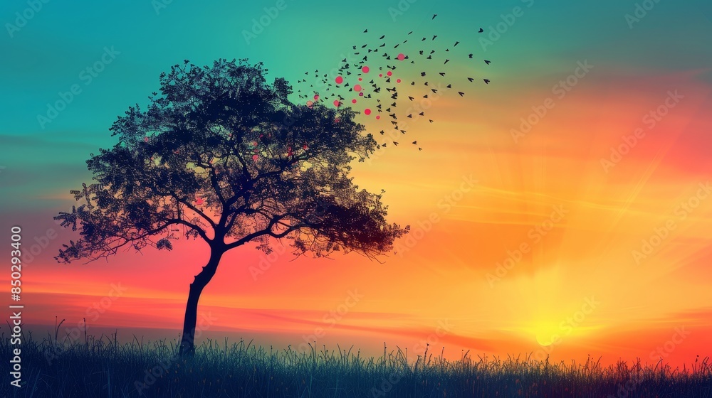 Obraz premium Tree silhouette in front of a colorful sunset, gradient sky, digital background with copyspace, artistic touch