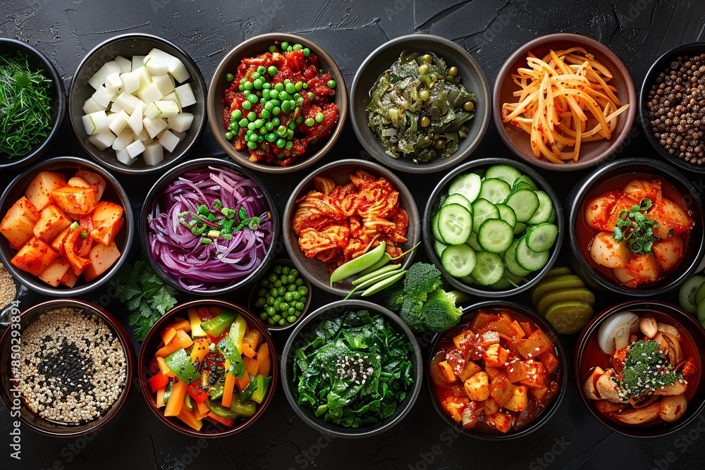 A visually stunning spread of assorted banchan dishes displayed against a sleek black background