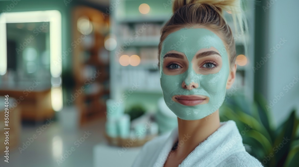 A woman in the spa with a Green Clay Mask on her Face., looking at the camera. A woman in the spa with a Green Clay Mask on her Face., looking at the camera.