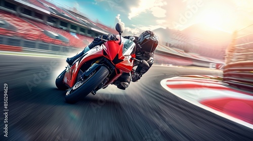 A high-energy shot of a motorcycle racer leaning into a sharp turn on a racetrack, with the stands and track elements blurred in the background. Generative AI
