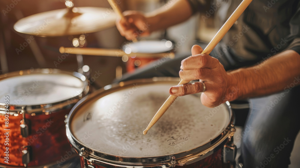 Obraz premium Drummer’s Hands Using Sticks on Drum Kit