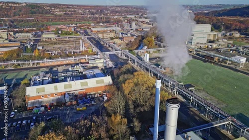 Drone Aerial cinematic footage of a Chemical fertilizer plant producing chemicals for the agricultural industry. photo