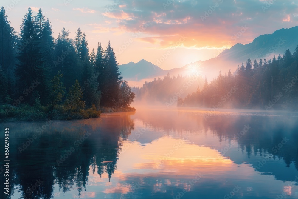 At sunrise, the lake reflects mountains and clouds At sunrise, the lake reflects mountains and clouds