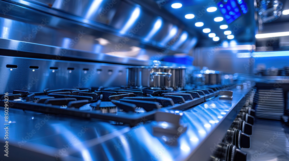 Stainless steel shiny exhaust hood equipped with grease baffles and a fire suppression system, gleaming in a professional kitchen setting. Stainless steel shiny exhaust hood equipped with grease baffles and a fire suppression system, gleaming in a professional kitchen setting.