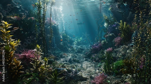 "Underwater World with Lush Underwater Plants: High-Resolution Digital Artwork of an Enchanting Marine Scene"