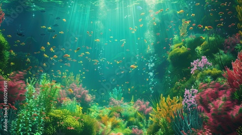 "Underwater World with Lush Underwater Plants: High-Resolution Digital Artwork of an Enchanting Marine Scene" © 柳迪 付