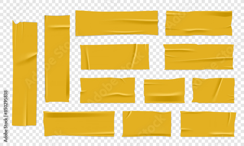 Vector set of 3D realistic yellow adhesive tape. Torn pieces of masking tape isolated on transparent background. PNG duct tape.
