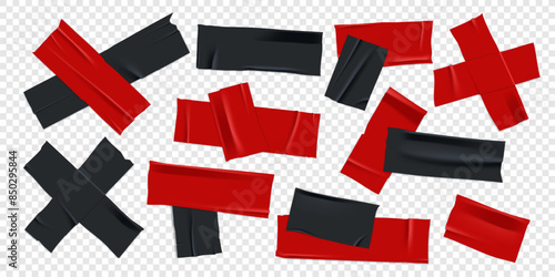 Vector set of 3D realistic black and red adhesive tape. Torn pieces of masking tape isolated on transparent background. PNG duct tape.