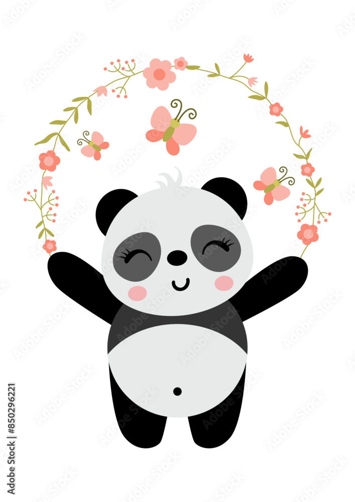 Cute panda with wreath of flowers and butterfly Cute panda with wreath of flowers and butterfly