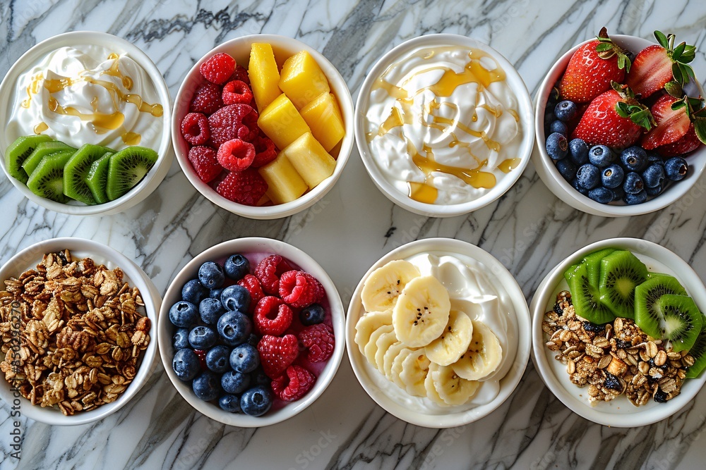 An assortment of breakfast bowls, featuring ingredients like Greek yogurt, granola, fresh fruits, and drizzled honey, arranged in an isometric pattern on a marble countertop. An assortment of breakfast bowls, featuring ingredients like Greek yogurt, granola, fresh fruits, and drizzled honey, arranged in an isometric pattern on a marble countertop.