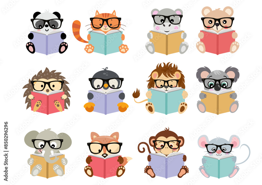 Set digital collage of cute animals reading a book Set digital collage of cute animals reading a book
