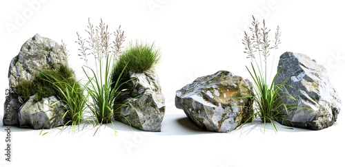 different rocks with grasses on white background
