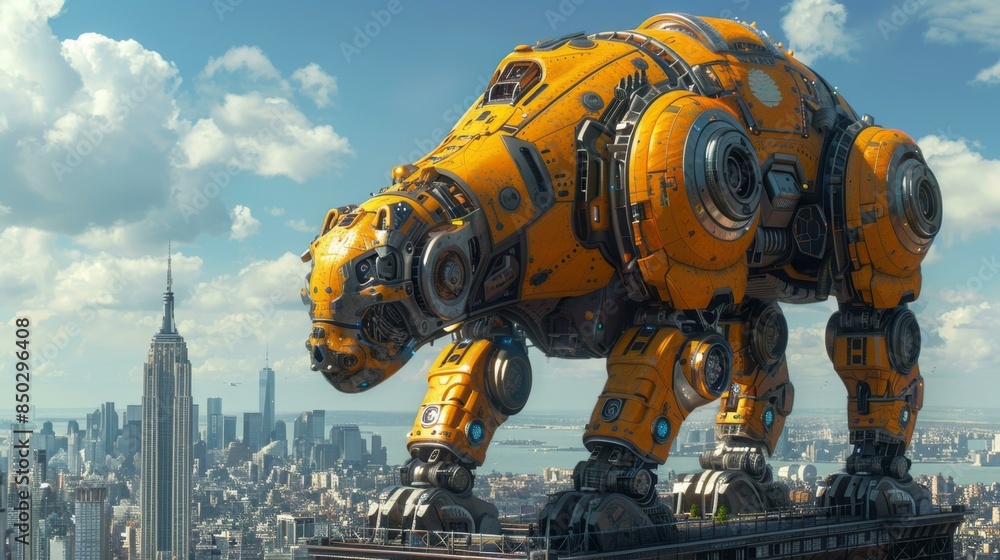A large robotic animal, possibly a robotic lion or a robotic tiger, stands over a city skyline. The robotic animal is yellow and has a large head with a mouth. A large robotic animal, possibly a robotic lion or a robotic tiger, stands over a city skyline. The robotic animal is yellow and has a large head with a mouth.