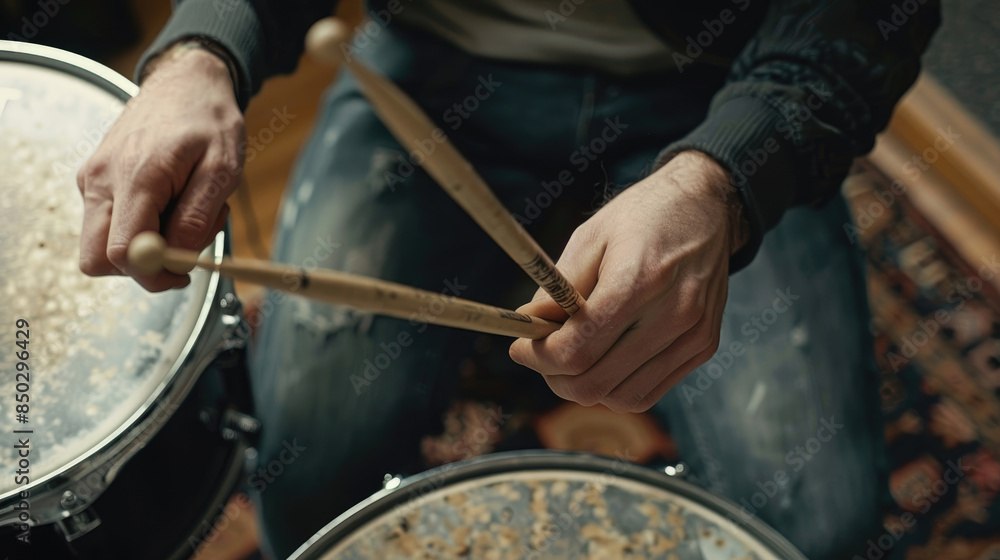 Naklejka premium Drummer’s Hands Using Sticks on Drum Kit