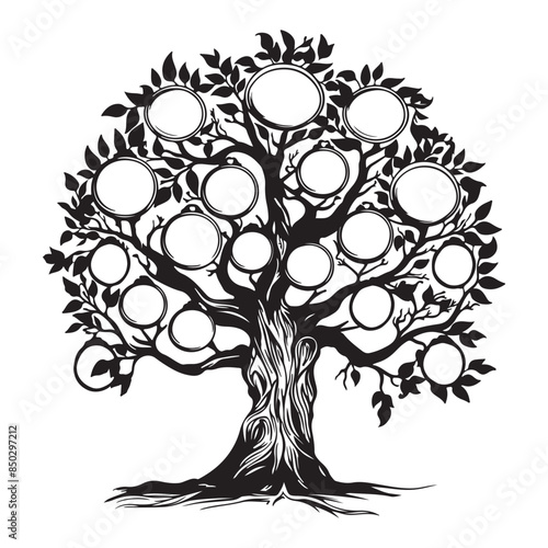 Simple flat family tree design, black vector illustration on white background