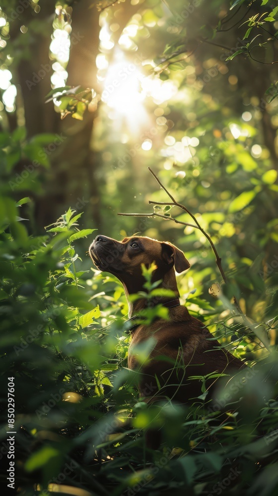Fototapeta premium Curious Boxer dog exploring the underbrush in the forest
