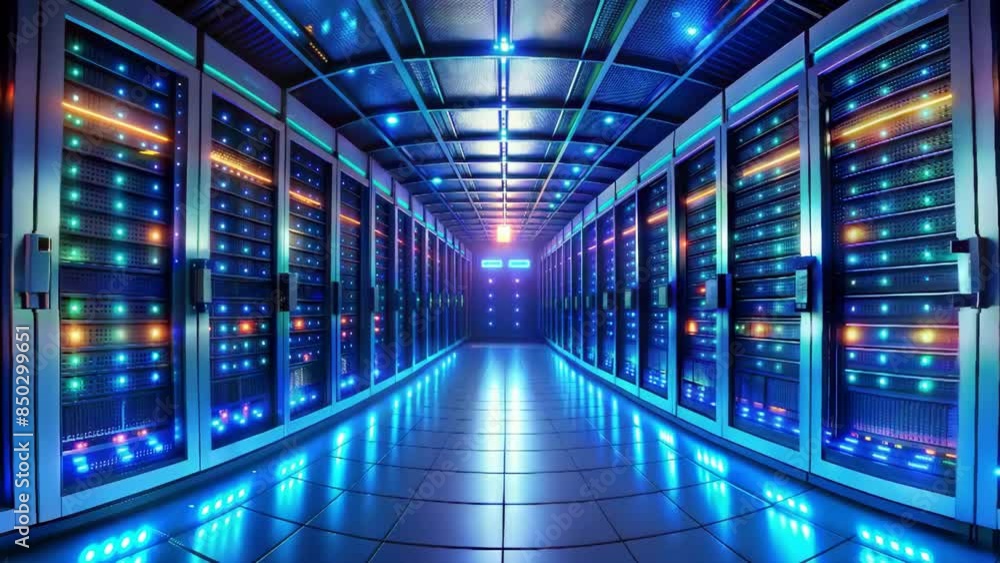 a modern data center with rows of server racks, illuminated by blue and purple lights, representing the backbone of cloud computing, data storage, and information technology systems a modern data center with rows of server racks, illuminated by blue and purple lights, representing the backbone of cloud computing, data storage, and information technology systems