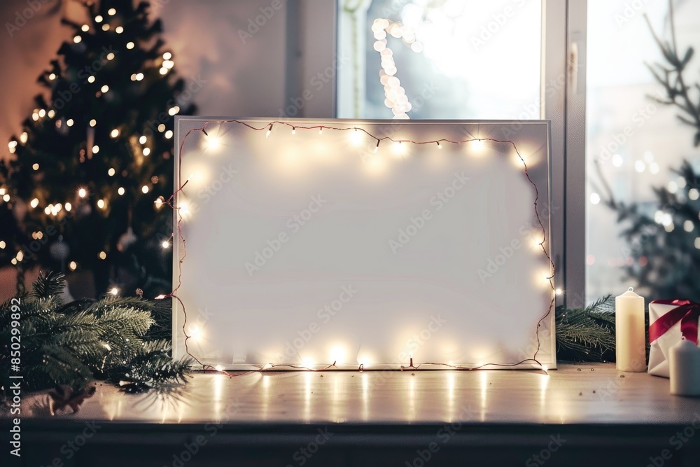 Festive Christmas Background with Glowing Lights and Blank Sign Festive Christmas Background with Glowing Lights and Blank Sign