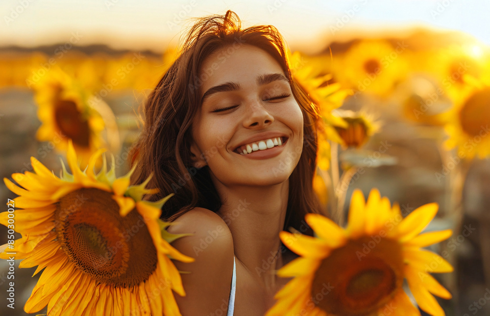 Woman enjoying in a sunflower field. Woman enjoying in a sunflower field.