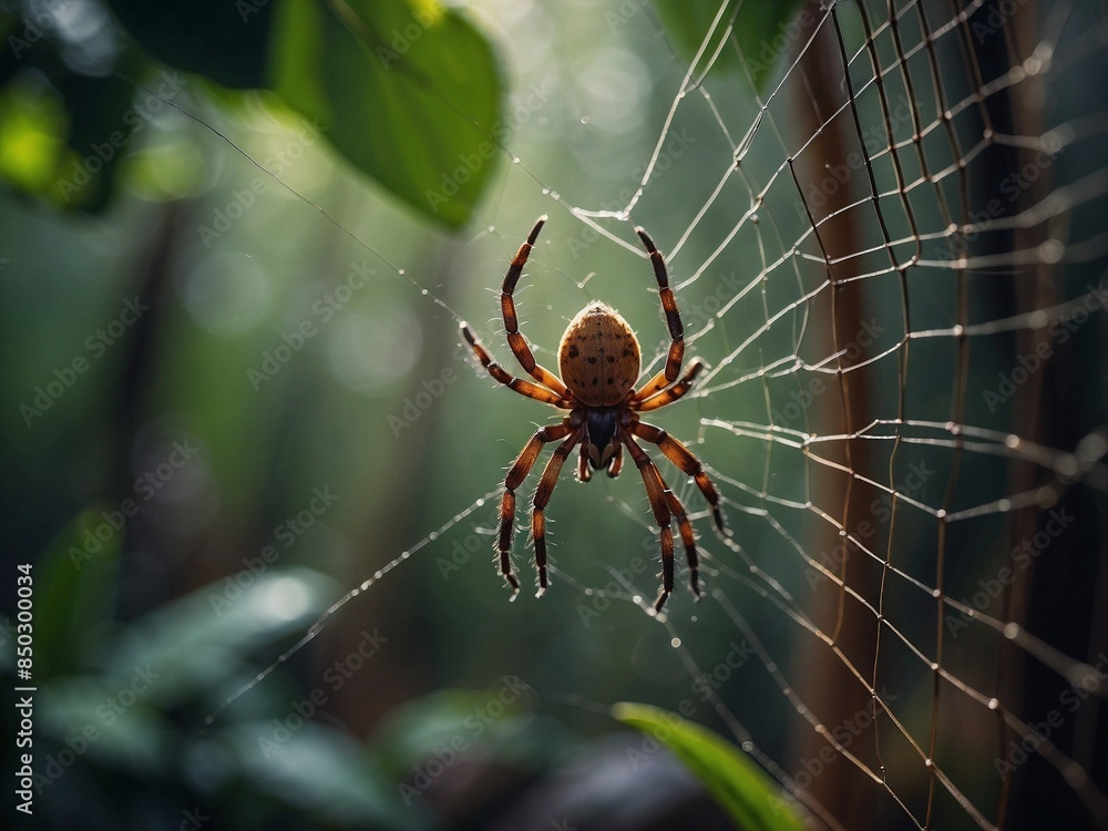 Closeup of a spider on a web in the forest in macro Closeup of a spider on a web in the forest in macro