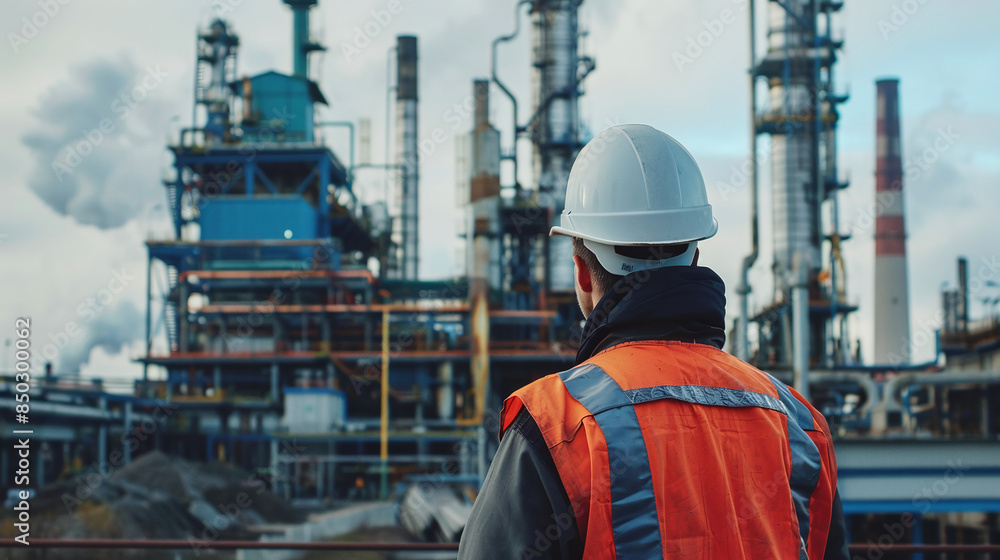 A petroleum engineer stands looking at a large production plant where he is working. Ai generate.