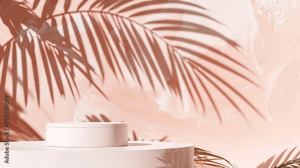 Obraz premium Minimal abstract background with shadow of tropical palm leaves Presentation of cosmetic product Premium podium on pastel peach fuzz wall and white table Showcase display case Front vi : Generative AI