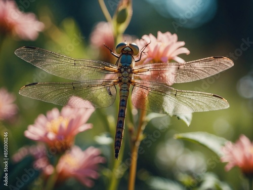 Dragonfly and flowers in the garden on a sunny day, macro image of a flying dragonfly 