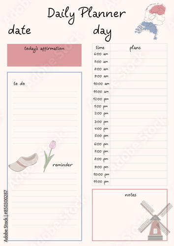 Daily planner template dedicated to the Netherlands. Convenient and effective planner for daily entries.