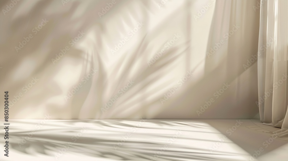 Minimalistic abstract gentle light beige background for product presentation with light and shadow of window curtains on wall : Generative AI