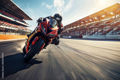 A motorcycle racer leans into a sharp turn on a race track, showcasing speed and precision. Generative AI