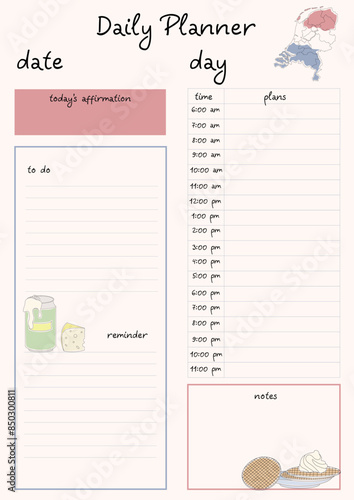 Netherlands food daily planner template. Convenient and effective planner for daily entries.