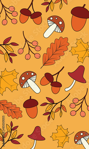 Autumn poster or cover with outline illustration design of bright leaves and beautiful fruits outline illustration design