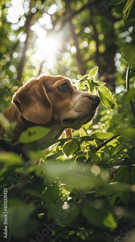 Beagle exploring underbrush in the forest