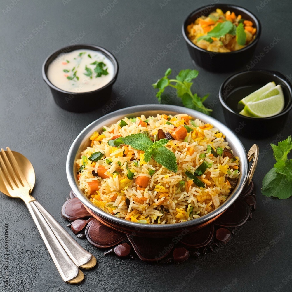 Indian food veg biryani or veg pulav on black background Indian food veg biryani or veg pulav on black background