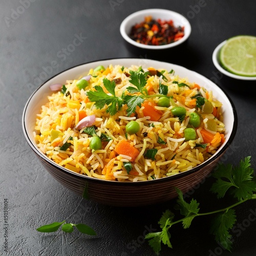 Indian food veg biryani or veg pulav on black background