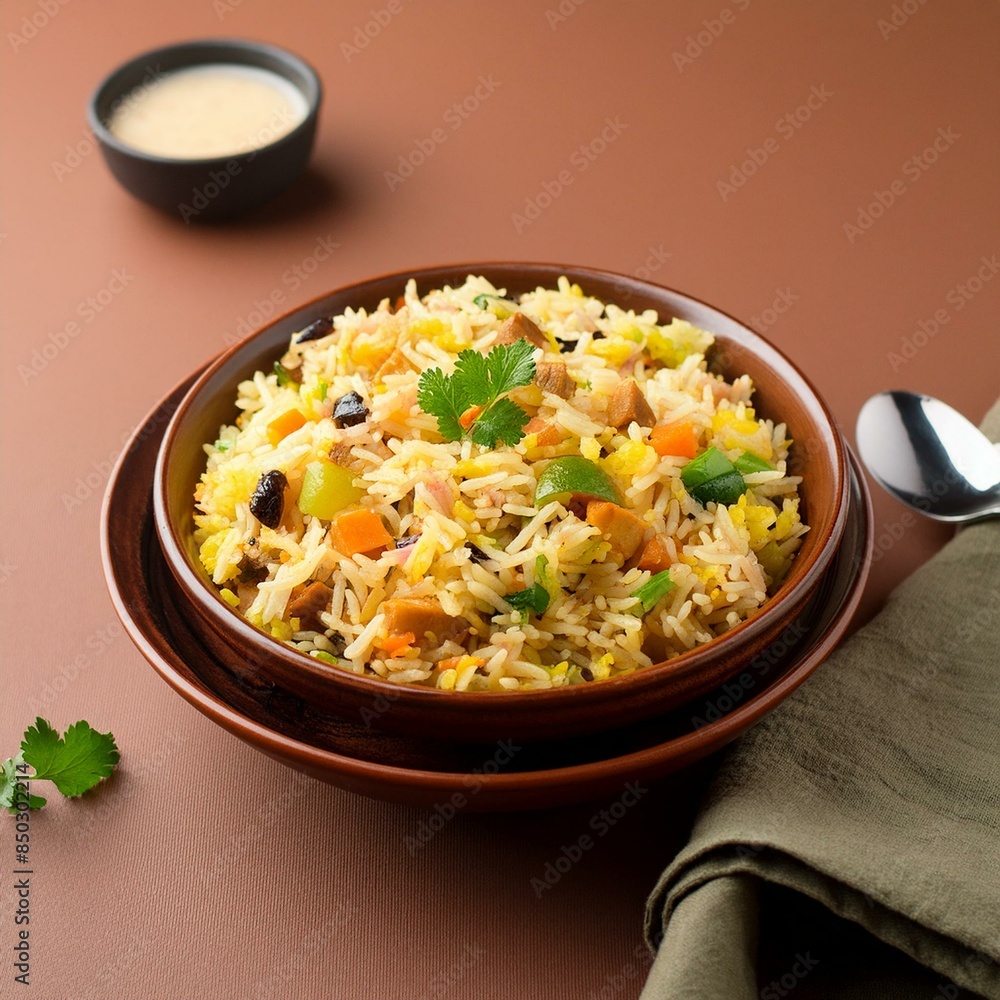 Indian food veg biryani or veg pulav on brown background Indian food veg biryani or veg pulav on brown background