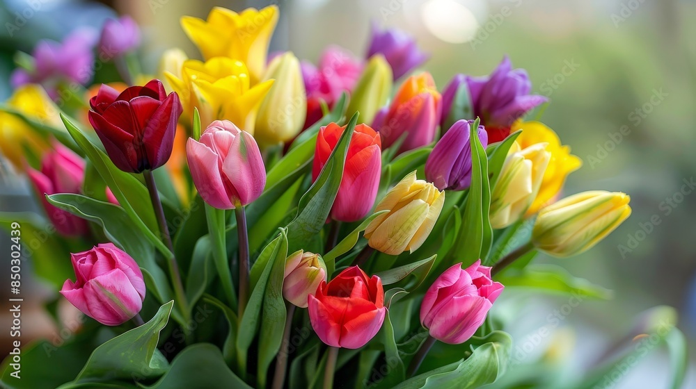 Bouquet of colorful tulip spring flowers, vibrant mix of red, yellow, pink, and purple, lush green leaves, natural light Bouquet of colorful tulip spring flowers, vibrant mix of red, yellow, pink, and purple, lush green leaves, natural light
