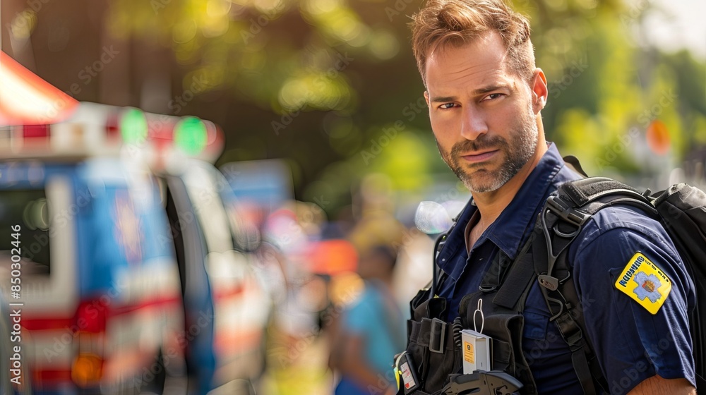 Paramedic at a Community Event: At a community event, a paramedic provides medical support, standing by in case of accidents or health-related incidents, ensuring the safety of attendees Paramedic at a Community Event: At a community event, a paramedic provides medical support, standing by in case of accidents or health-related incidents, ensuring the safety of attendees
