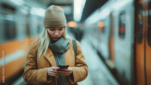 A Woman standing on train platform sending text message on mobile phone The train is blurred in the background.