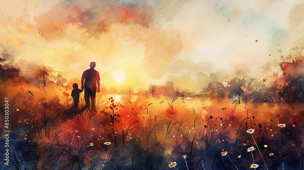Father and child in a beautiful meadow at sunset, watercolor painting style, warm and vibrant colors, serene landscape Father and child in a beautiful meadow at sunset, watercolor painting style, warm and vibrant colors, serene landscape