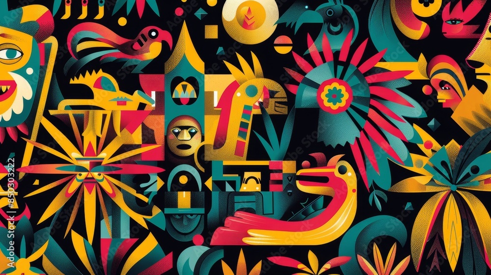 Obraz premium Richness of Latin America depicted with cultural symbols and historical imagery background