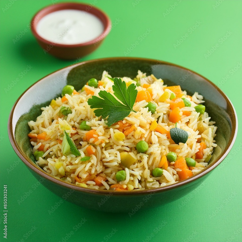 Indian food veg biryani or veg pulav on green background Indian food veg biryani or veg pulav on green background