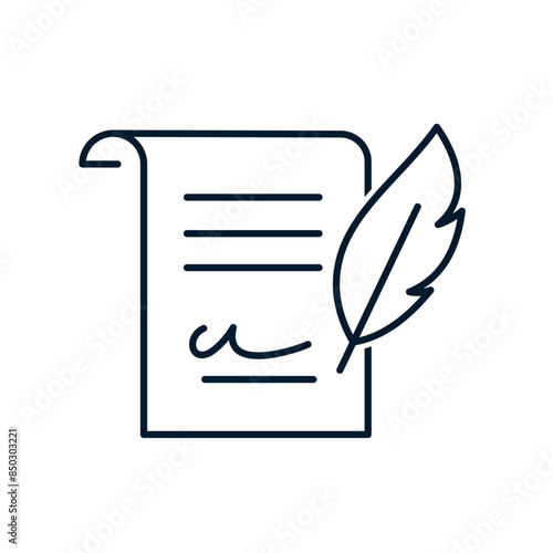 Document, signature, ink pen. Business contract concept. Vector linear icon isolated on white background.